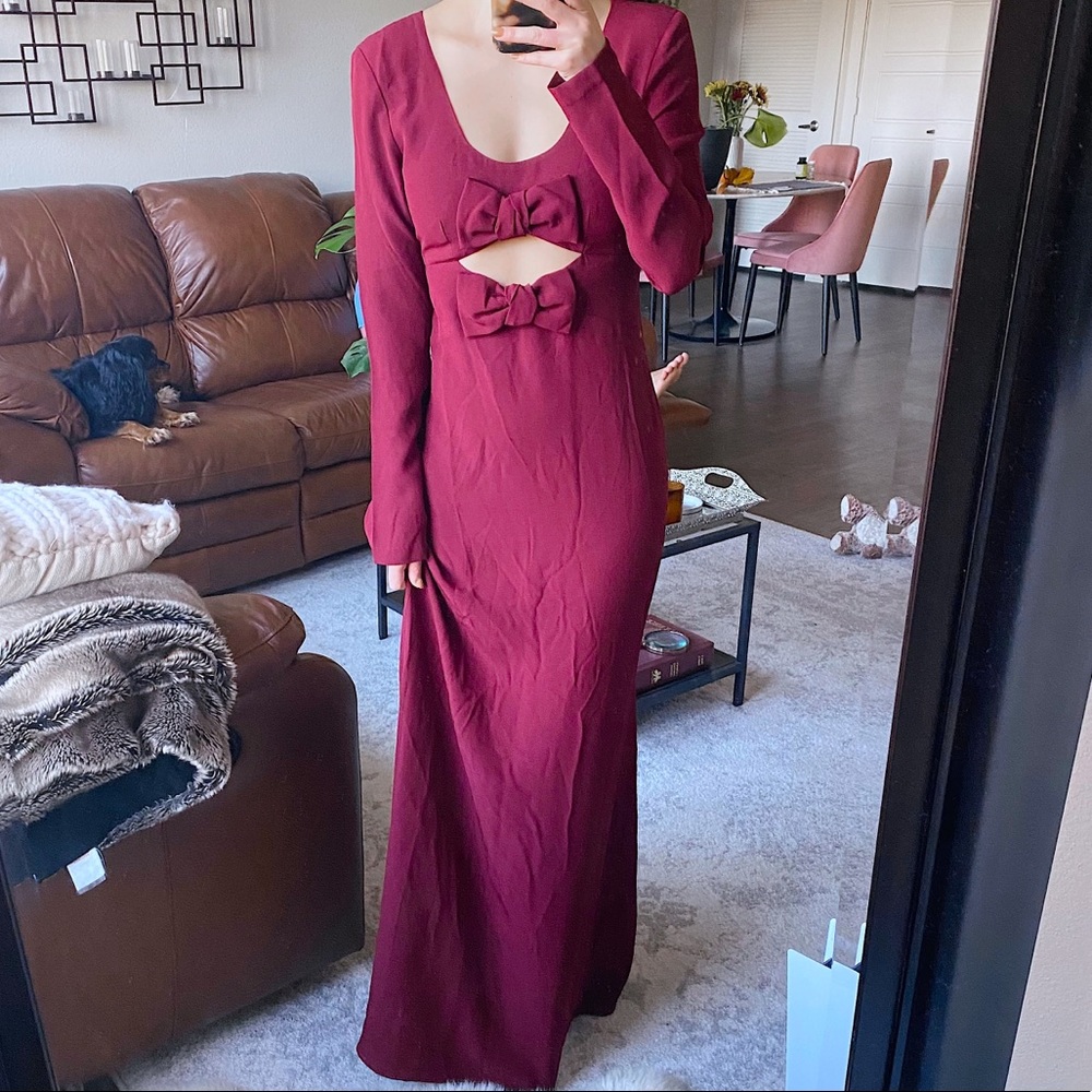 NWT STAUD Women's Lido Maxi Dress Red Garnet Bow Cutout long sleeve Dress 2 - Picture 5 of 8